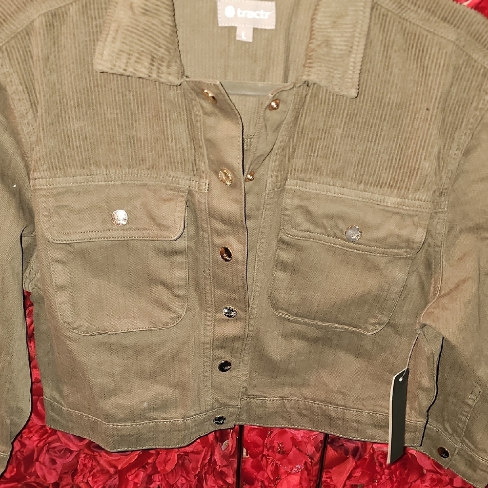 Tractr NWT Women's Khaki Army Green Corduroy Jean Jacket Size Large